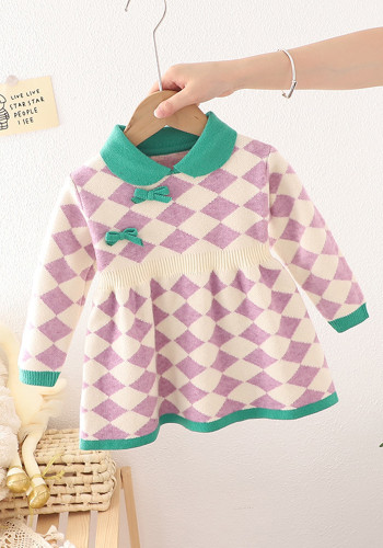 Kids Children'S Sweater Autumn And Winter Girls Style Turndown Collar Bow Plaid Dress
