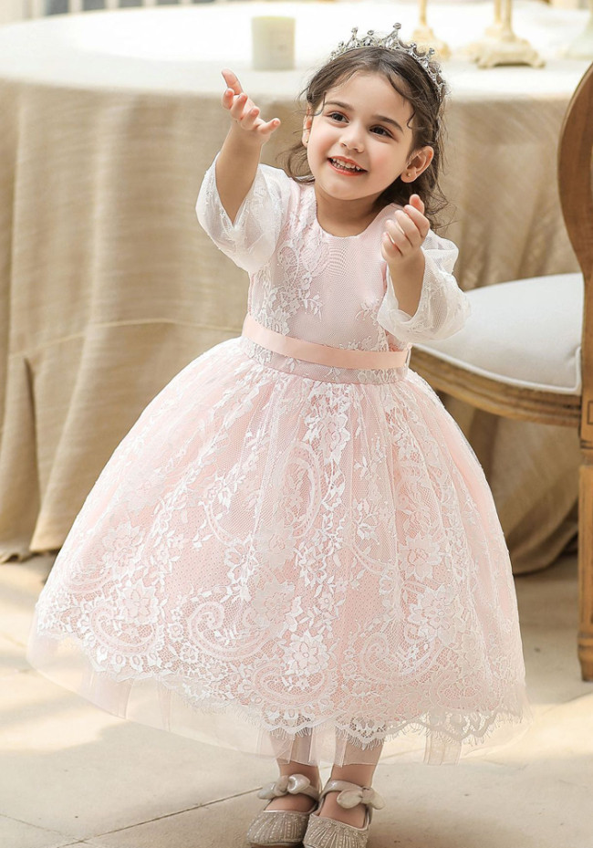 Long Sleeve Lace Embroidered Princess Dress Children Girls Dress Bow Lace Dress