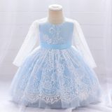 Long Sleeve Lace Embroidered Princess Dress Children Girls Dress Bow Lace Dress