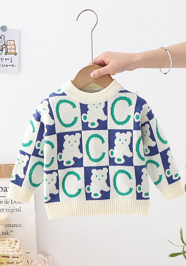 Children's Sweater Autumn Winter Boys Cartoon Letter Plaid Pullover Knitting Top