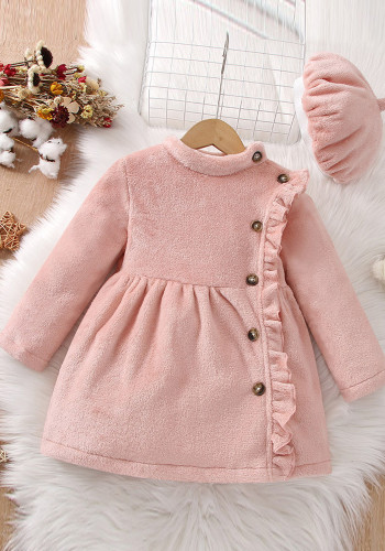 Pink Casual Long Sleeve Side Button Kids Solid Jacket + Hat