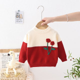 kids autumn and winter children's sweater girls color Contrast flower pullover Knitting Top