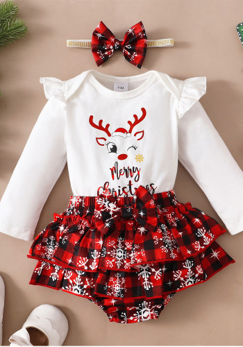 Girls Autumn and Winter Christmas Print Bodysuit + Snowflake Plaid Shorts Three Pieces set