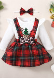 Girls Autumn and Winter Christmas Printed Long Sleeve Bodysuit + Three Plaid Skirts Set