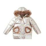 Winter Down Jeack Mesh Lace Ruffled Pocket Hooded Kids Down Coat Kids Clothing