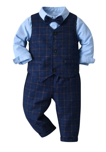 Autumn and winter children's suits Boys gentleman bow tie shirt vest plaid pants Formal Party children's clothing