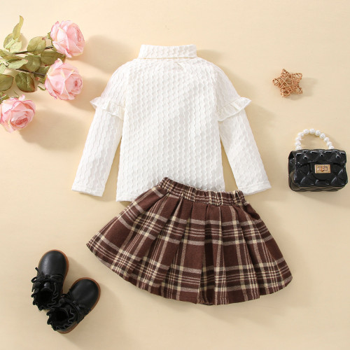 Children's clothing girls white long-sleeved flying-sleeve top + plaid pleated skirt suit