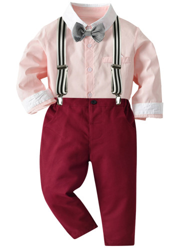 Children's clothing autumn boys suit gentleman bow tie shirt overalls children's two-piece set