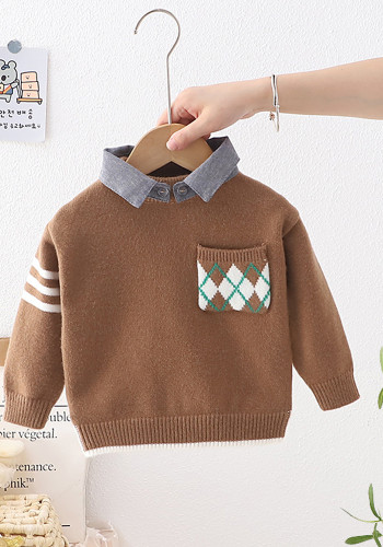 Children's Sweater Autumn Winter Boys Turndown Collar Pocket Pullover Knitting Top