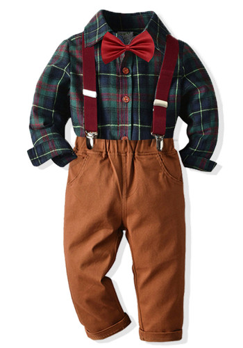 Autumn and winter boys little gentleman solid color overalls plaid Shirt Kids boy four piece set