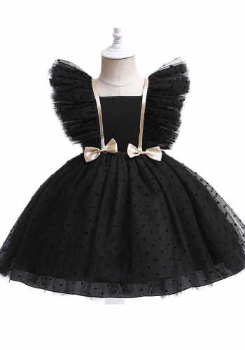 Girls Mesh Party Dress With Flying Sleeves Solid Color Children'S Princess Dress