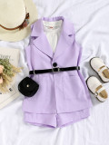 Children'S Clothing Spring Summer Girls Turndown Collar Sleeveless Jacket Shorts With Waist Bag Three-Piece Candy Color Suit