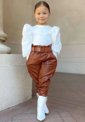 Middle and small girls' Spring and Autumn bubble sleeve top pu Leather belt waist leather pants suit