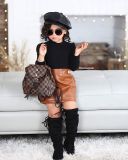 Spring and autumn children's clothes High neck Ribbed long sleeve top Brown leather skirt two-piece girls' skirt set