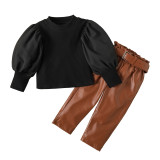 Middle and small girls' Spring and Autumn bubble sleeve top pu Leather belt waist leather pants suit