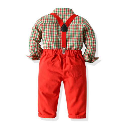 Boys plaid shirt bow tie overalls two piece set