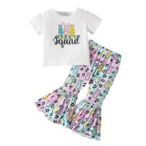 Girl Spring Summer Cartoon Rabbit Print Short Sleeve T-Shirt And Bell Bottom Pants Two-piece Set