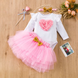 Baby Girl Heart Print Romper Onesie Mesh Two-Piece Skirt Set