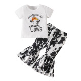 Girl Spring Summer cartoon bull head print short-sleeved T-shirt and Bell Bottom pants two-piece set