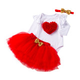 Baby Girl Heart Print Romper Onesie Mesh Two-Piece Skirt Set