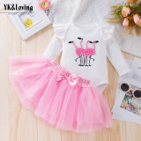 Baby Girl embroidered flamingo romper princess dress two-piece set