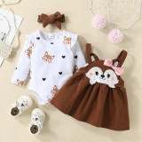 Spring Infants And Boby Children Cartoon Print Printed Long-Sleeved Romper Bow Strap Dress Set