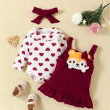 Spring Infants And Boby Children Cartoon Print Printed Long-Sleeved Romper Bow Strap Dress Set
