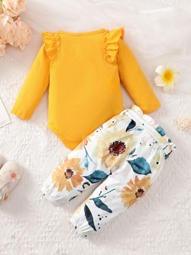 Girl Solid Long Sleeve Top+Flower Print Pant Two-Piece Set