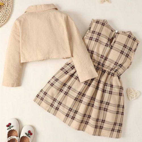 Girl Solid long-sleeved top + plaid print dress two-piece set