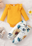 Girl Solid Long Sleeve Top+Flower Print Pant Two-Piece Set