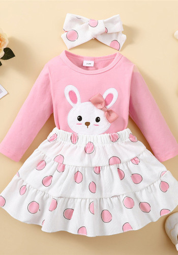 Girl Rabbit Print Long Sleeve Top+ Polka Dot Skirt Three-Piece