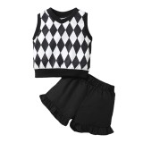 Girl Plaid Print Sleeveless Top + Solid Shorts Two-Piece Set