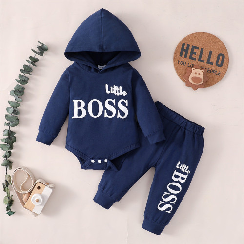 Boy Letter Print Hooded Top + Solid Pant Two-Piece Set
