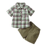 Boy Plaid Print Top + Solid Shorts Two-Piece Set