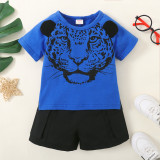 Boy Tiger Print Short Sleeve Top + Solid Shorts Two-Piece Set