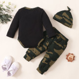 Boy Letter Print Long Sleeve Top+ Camouflage Pant Three-Piece