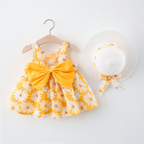 Summer Chrysanthemum Floral Big Bow Straw Hat Girl Baby Girl Full Chrysanthemum Print Dress