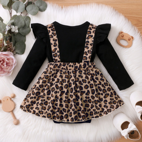 Infants and children spring and autumn long-sleeved baby girl leopard print one-piece romper