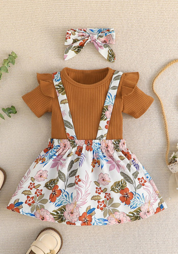 Children'S Solid Color T-Shirt + Printed Skirt + Headscarf Three-Piece Printed Straps Skirt Set