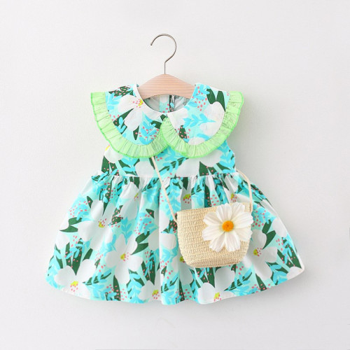 Summer Flower Lace Turndown Collar Dress Baby Girl Peter Pan Collar Cotton Dress Flower Bag