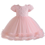 Girls' one-year-old dress princess dress flower girl short-sleeved tutu skirt flower mesh birthday skirt