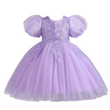 Girls Puff Sleeves Trendy Year-old Flower Girl Dress Skirt Children's Short Mesh Puffy Princess Dress