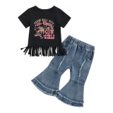 Summer Girls Bell Bottom Denim Pants Short Sleeve Letter Tassel T-Shirt Two-Piece Set