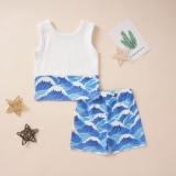 Summer Blue Children's Clothes Print Sleeveless Tank Top Shorts Two Piece Children's Set