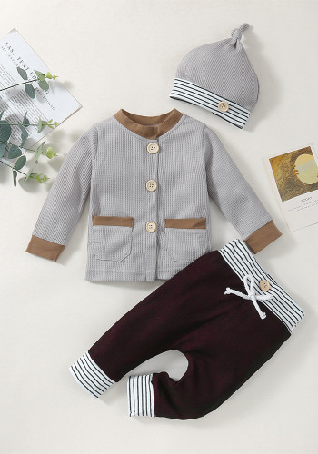 Boys Spring Autumn Solid Color Round Neck Single Breasted Striped Long Sleeve Shirt Trouser Set