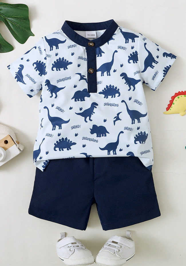 Boys Spring And Autumn Style Dinosaur Print Short-Sleeved Top + Solid Color Shorts Two-Piece Set