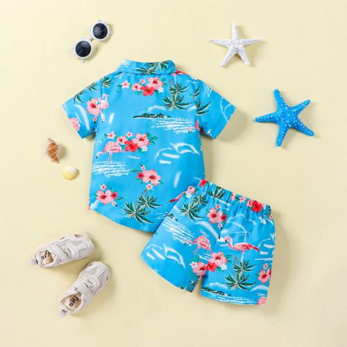 Boys Summer Holidays Baby Trendy Kids Flamingo Short Sleeve Shirt Shorts Set