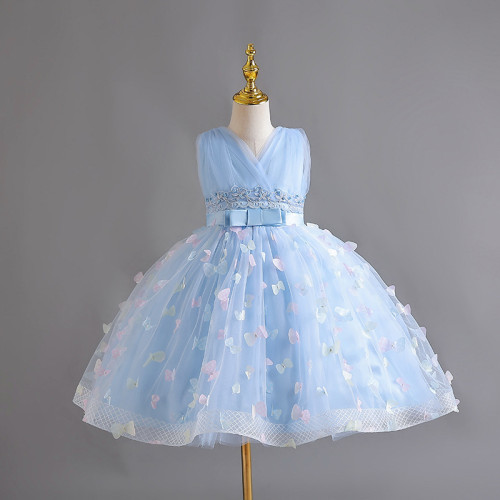 Girls Summer Mesh Princess Dress Butterfly Embroidery Mesh Dress Children's Flower Girl Show Dress