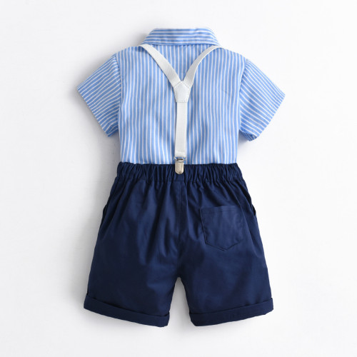 Boys Gentleman Suit Short Sleeve Striped Bow Tie Shirt Royal Blue Overalls Children's Day Clothing
