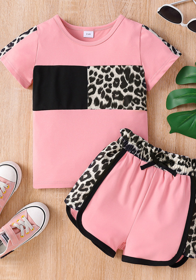 Children's Set Summer Girls' Clothes Children's Short-Sleeved T-Shirt Shorts Leopard Print Girls Pink Clothing Two Piece Set